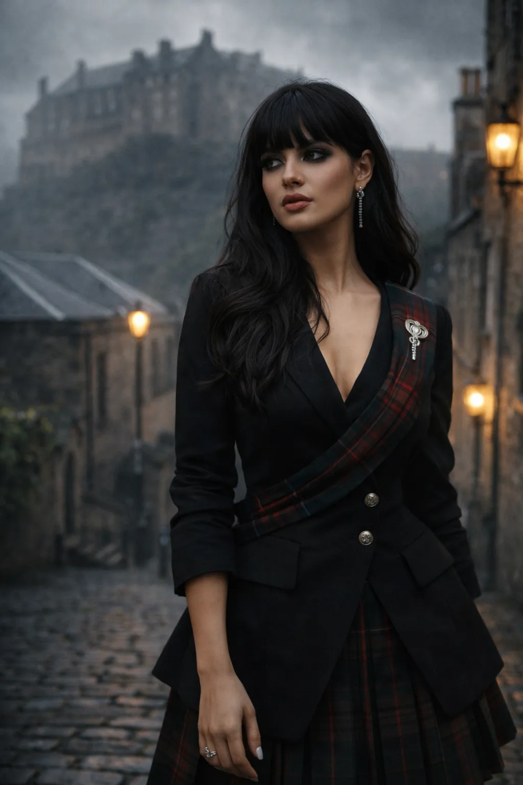 Woman in elegant outfit on misty Edinburgh street with cinematic travel photography style.